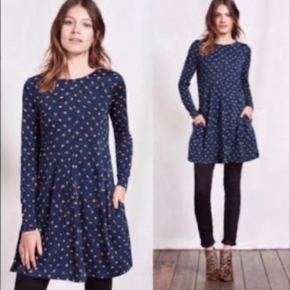 BODEN‎ | Woman's Blue Polka Dot Confetti Long Sleeve Swing Tunic Mini Dress, 8R